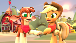 Size: 1920x1080 | Tagged: safe, artist:pika-robo, applejack, arizona (tfh), cow, earth pony, pony, them's fightin' herds, g4, 3d, accessory, barn, clothes, cloven hooves, community related, crossover, duo, female, fence, neckerchief, raised hoof, revamped ponies, scarf, source filmmaker, sweet apple acres