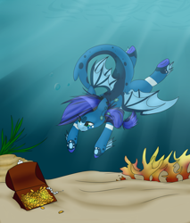 Size: 1700x2000 | Tagged: safe, artist:ohhoneybee, oc, oc only, hybrid, merpony, original species, pony, shark, shark pony, blue eyes, blue mane, commission, coral, crepuscular rays, fins, fish tail, gold, jewelry, necklace, ocean, seaweed, solo, spread wings, sunlight, swimming, tail, treasure chest, underwater, water, wings