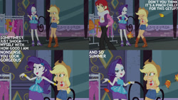 Size: 1280x720 | Tagged: safe, edit, edited screencap, editor:quoterific, screencap, applejack, rarity, human, equestria girls, g4, my little pony equestria girls: better together, street chic, applejack's hat, bare shoulders, boots, bracelet, clothes, cold, cowboy boots, cowboy hat, denim, denim skirt, duo, duo female, eyes closed, female, freezing, geode of shielding, geode of super strength, hairpin, hat, high heels, jewelry, magical geodes, male, open mouth, open smile, rarity peplum dress, shoes, skirt, sleeveless, smiling, text