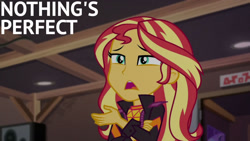 Size: 1280x720 | Tagged: safe, edit, edited screencap, editor:quoterific, screencap, sunset shimmer, human, equestria girls, equestria girls specials, g4, my little pony equestria girls: better together, my little pony equestria girls: sunset's backstage pass, clothes, female, jacket, music festival outfit, open mouth, solo, text