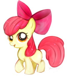 Size: 500x564 | Tagged: safe, artist:laalaachii, apple bloom, earth pony, pony, g4, female, filly, foal, happy, looking at you, open mouth, open smile, raised hoof, simple background, smiling, solo, transparent background