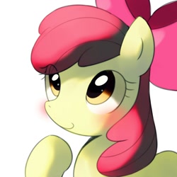Size: 1500x1500 | Tagged: safe, artist:maren, apple bloom, earth pony, pony, g4, adorabloom, blushing, cute, female, filly, foal, raised hoof, simple background, smiling, solo, white background