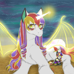 Size: 3000x3000 | Tagged: safe, oc, pony, pony town, bat wings, beach, cloud, curly hair, ear fluff, female, glasses, high res, horn, long hair, mare, multicolored hair, night, ocean, sitting, smiling, solo, transformation, water, wings