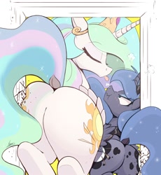 Size: 1838x2000 | Tagged: safe, artist:ncmares, artist:raps, princess celestia, princess luna, alicorn, pony, g4, angry, butt, cracks, dock, door, doorway, duo, duo female, eyes closed, featureless crotch, female, large butt, larger female, luna is not amused, mare, moonbutt, plot, plot pair, praise the moon, praise the sun, raspberry, royal sisters, scrunchy face, sibling rivalry, siblings, sisters, size difference, smaller female, snorting, stuck, sunbutt, tail, the ass was fat, the ass was too fat, tongue out