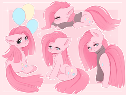 Size: 1056x800 | Tagged: safe, artist:valeria_fills, pinkie pie, earth pony, pony, g4, clothes, female, looking back, lying down, mare, pink background, pinkamena diane pie, prone, simple background, sitting