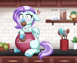 Size: 4000x3298 | Tagged: safe, artist:confetticakez, oc, oc only, oc:ocean breeze, oc:ocean breeze (savygriffs), classical hippogriff, hippogriff, blushing, commission, cookie, cookie jar, cookie thief, cute, food, hippogriff oc, kitchen, ocbetes, thief, ych result