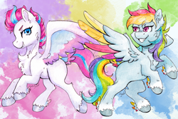Size: 5352x3568 | Tagged: safe, artist:lightisanasshole, rainbow dash, zipp storm, pegasus, pony, g5, abstract background, bipedal, cheek fluff, chest fluff, colored hooves, colored wings, duo, duo female, ear fluff, faic, female, hoof fluff, looking at you, looking back, mare, raised hooves, smug, smugdash, smugzipp, spread wings, traditional art, watercolor painting, wings