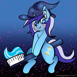Size: 534x534 | Tagged: safe, artist:anykoe, minuette, pony, unicorn, semi-anthro, g4, arm hooves, hat, heart, heart eyes, night, solo, toothbrush, toothpaste, wingding eyes, witch, witch hat