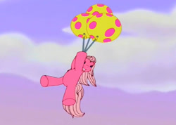 Size: 735x524 | Tagged: safe, screencap, pinkie pie (g3), earth pony, pony, a charming birthday, g3, balloon, cloud, female, floating, flying, holding, mare, polka dots, sky, then watch her balloons lift her up to the sky, youtube link