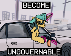 Size: 843x672 | Tagged: safe, artist:reddthebat, fresh coat, pony, unicorn, g4, ak-74, aks-74u, anarchist, backwards ballcap, baseball cap, become ungovernable, cap, car, female, hair bun, hat, magic, mare, meme, ponified meme, solo, telekinesis