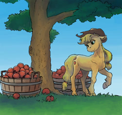 Size: 900x854 | Tagged: safe, artist:adeptus-monitus, applejack, earth pony, pony, g4, apple, apple basket, cowboy hat, female, food, hat, mare, raised hoof, solo, tree