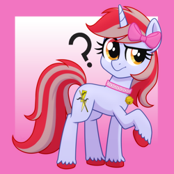 Size: 2048x2048 | Tagged: safe, artist:whitequartztheartist, oc, oc only, oc:cinnamon lightning, pony, unicorn, abstract background, bell, bell collar, bow, collar, commission, confused, eyelashes, female, full body, hair bow, high res, hooves, horn, mare, question mark, raised eyebrow, raised hoof, solo, standing, tail, two toned mane, two toned tail, unicorn oc