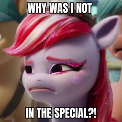 Size: 920x920 | Tagged: safe, edit, edited screencap, screencap, sugar moonlight, earth pony, pony, g5, my little pony: a new generation, spoiler:my little pony: a new generation, anti-mind reading cap, caption, cropped, female, glitter, image macro, mare, solo focus, text, text edit