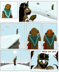 Size: 3000x3651 | Tagged: safe, artist:cactuscowboydan, oc, human, unicorn, comic:outcasted, cliff, comic, high res, hood, mountain, mountain range, snow, story included, sun