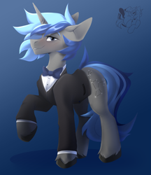 Size: 1569x1813 | Tagged: safe, artist:mirage, oc, oc only, oc:orion, pony, unicorn, advertisement, blue background, clothes, commission, commission open, male, simple background, solo, tuxedo