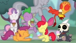 Size: 3528x2015 | Tagged: safe, artist:porygon2z, apple bloom, scootaloo, spike, sweetie belle, oc, oc:heatwave, dragon, earth pony, griffon, pegasus, pony, titan, unicorn, g4, broken horn, collar, crossover, cutie mark crusaders, food, griffon oc, group, high res, horn, ice cream, king clawthorne, movie accurate, pet tag, sextet, skull, statue, the owl house, tree