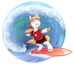 Size: 1280x1108 | Tagged: safe, artist:foxhatart, oc, oc only, oc:coral, pony, unicorn, bipedal, clothes, eyes closed, female, happy, mare, open mouth, open smile, ponytail, shirt, shorts, simple background, smiling, solo, surfboard, surfing, t-shirt, transparent background, water, wave