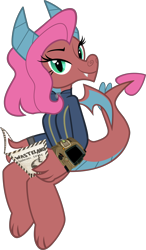 Size: 1962x3364 | Tagged: safe, artist:php170, idw, mina, dragon, fallout equestria, friends forever #14, g4, my little pony: friends forever, spoiler:comic, bedroom eyes, book, claws, clothes, dragon wings, dragoness, fallout, fallout 3, fangs, female, horns, idw showified, jumpsuit, looking at you, pipboy, simple background, smiling, smiling at you, solo, transparent background, vault suit, vector, wasteland survival guide, wings