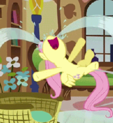 Size: 496x540 | Tagged: safe, edit, edited screencap, screencap, fluttershy, pegasus, pony, g4, ponyville confidential, season 2, crying, female, flower, fluttershy's cottage, inverted mouth, lying down, mare, ocular gushers, on back, open mouth, smiling, solo, tears of joy, volumetric mouth, window, wings