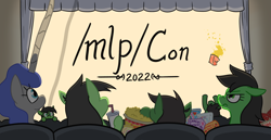 Size: 1980x1020 | Tagged: safe, oc, oc:filly anon, earth pony, unicorn, anthro, 2022 community collab, derpibooru community collaboration, /mlp/, /mlp/ con, curtains, drink, female, filly, foal, food, horn, long horn, mare, popcorn, seat, snacks, theater, watermelon