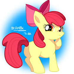 Size: 800x800 | Tagged: safe, artist:apppprik, apple bloom, earth pony, pony, g4, blank flank, butt, female, filly, foal, hoof on chin, plot, smiling, solo
