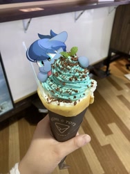Size: 3024x4032 | Tagged: safe, artist:mochi_nation, oc, oc:galaxy, earth pony, human, pony, cute, disembodied hand, earth pony oc, eating, female, floppy ears, food, hand, ice cream, irl, licking, mare, ocbetes, offscreen character, photo, ponies in real life, pov, solo focus, tongue out