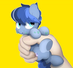 Size: 2289x2150 | Tagged: safe, artist:mochi_nation, oc, oc:galaxy, earth pony, human, pony, cute, disembodied hand, earth pony oc, eye clipping through hair, female, food, hand, holding a pony, ice cream, in goliath's palm, mare, ocbetes, offscreen character, simple background, size difference, solo focus, underhoof, yellow background