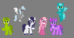 Size: 1104x570 | Tagged: safe, artist:littlesnowyowl, earth pony, pegasus, pony, unicorn, crossover, female, flying, gray background, horn, littlest pet shop, male, mare, minka mark, penny ling, pepper clark, ponified, simple background, smiling, spread wings, stallion, sunil nevla, vinnie terrio, wings, zoe trent