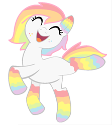 Size: 764x856 | Tagged: safe, artist:littlesnowyowl, artist:softfang, oc, oc only, oc:melody beat, earth pony, pony, base used, eyes closed, female, freckles, mare, missing cutie mark, multicolored hair, rainbow hair, simple background, smiling, solo, spectrum pony, white background