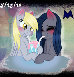 Size: 628x648 | Tagged: safe, artist:rosediamond505, derpy hooves, oc, oc:minkie pie, earth pony, pegasus, pony, fanfic:muffins, g4, blushing, bubble, derp, duo, eyes closed, fanfic art, female, mare, sharing a drink, soda, wings