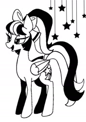 Size: 1080x1527 | Tagged: safe, artist:stacy_165cut, oc, oc only, pegasus, pony, black and white, bow, female, folded wings, grayscale, hair bow, mare, monochrome, simple background, solo, stars, white background, wings