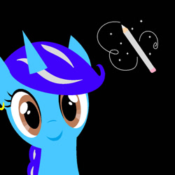 Size: 894x894 | Tagged: safe, artist:princessastro, oc, oc only, oc:princess astro, pony, unicorn, black background, bust, ear piercing, earring, female, horn, jewelry, mare, pencil, piercing, simple background, smiling, sparkles