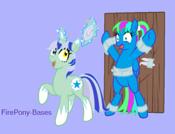 Size: 3376x2584 | Tagged: safe, artist:firepony-bases, artist:princessastro, oc, oc only, oc:dj-flier, oc:seastar frost, pegasus, pony, unicorn, base used, chains, feather, female, heterochromia, high res, imminent tickles, magic, mare, ponytail, purple background, raised hoof, shrunken pupils, simple background, smiling, sparkles, stars, text