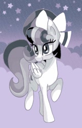 Size: 576x900 | Tagged: safe, artist:stacy_165cut, oc, oc only, pegasus, pony, bow, cloud, female, folded wings, hair bow, mare, monochrome, raised hoof, solo, stars, wings