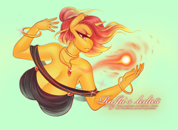 Size: 2080x1523 | Tagged: safe, artist:rajas_ledies, oc, oc only, unicorn, anthro, bare shoulders, big breasts, black dress, bracelet, breasts, bust, cleavage, clothes, dress, female, fire, flowing mane, frown, green background, heart, heart eyes, huge breasts, jewelry, lidded eyes, magic, necklace, not sunset shimmer, off shoulder, simple background, solo, sorceress, spell, wingding eyes