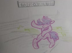Size: 2048x1499 | Tagged: safe, artist:pony quarantine, berry punch, berryshine, earth pony, pony, g4, ask, ask pony crayontine, bipedal, crayon drawing, dancing, female, mare, solo, traditional art