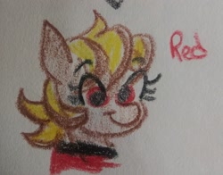 Size: 2048x1608 | Tagged: safe, artist:pony quarantine, oc, oc only, oc:red the prostitute, earth pony, pony, ask pony crayontine, bust, crayon drawing, female, mare, smiling, solo, traditional art