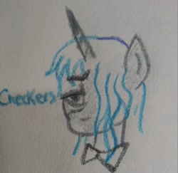 Size: 2048x1990 | Tagged: safe, artist:pony quarantine, oc, oc:checkers, pony, unicorn, ask pony crayontine, bowtie, bust, crayon drawing, hair over one eye, solo, traditional art