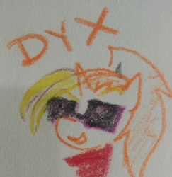 Size: 1987x2048 | Tagged: safe, artist:pony quarantine, oc, oc only, oc:dyx, alicorn, pony, ask pony crayontine, bust, crayon drawing, female, filly, foal, smiling, solo, sunglasses, traditional art