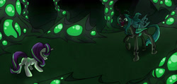 Size: 1280x607 | Tagged: safe, artist:nyanakaru, queen chrysalis, starlight glimmer, changeling, pony, unicorn, g4, butt, changeling hive, faceoff, female, mare, plot