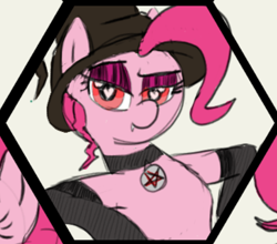 Size: 698x613 | Tagged: safe, artist:legendoflink, pinkie pie, earth pony, pony, g4, bedroom eyes, clothes, collar, cute, diapinkes, hat, heart, heart eyes, leaning, looking at you, pentagram, raised eyebrow, red eyes, simple background, solo, stockings, thigh highs, wingding eyes, witch hat