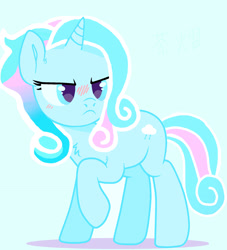 Size: 1907x2096 | Tagged: safe, artist:jeffapegas, artist:waterduckglimmer, oc, oc only, oc:snowrainbow, pony, unicorn, base used, blue background, cyan background, frown, raised hoof, simple background, solo