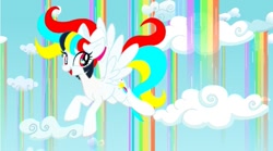 Size: 673x374 | Tagged: safe, artist:stacy_165cut, oc, oc only, pegasus, pony, bow, cloud, female, hair bow, mare, rainbow, rainbow waterfall, sky, solo, spread wings, wings