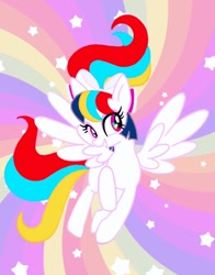 Size: 626x800 | Tagged: safe, artist:stacy_165cut, oc, oc only, pegasus, pony, bow, female, hair bow, mare, rainbow, solo, spread wings, stars, wings