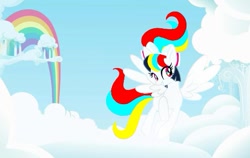 Size: 539x341 | Tagged: safe, artist:stacy_165cut, oc, oc only, pony, bow, cloud, female, hair bow, mare, rainbow, solo, spread wings, wings