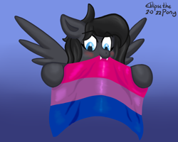 Size: 1000x800 | Tagged: safe, artist:eklipsethepony, oc, oc only, oc:eklipse, pegasus, pony, bisexual male, bisexual pride flag, fangs, flag, gradient background, hooves, male, pride, pride flag, pride month, solo, spread wings, stallion, wings