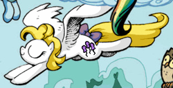Size: 313x160 | Tagged: safe, artist:andypriceart, edit, idw, owlowiscious, surprise, bird, owl, pegasus, pony, g1, g4, the return of queen chrysalis, adoraprise, balloon, bow, cloud, cropped, cute, eyes closed, female, flying, g1 to g4, generation leap, male, mare, multicolored hair, rainbow hair, sky, smiling, spread wings, tail, tail bow, wings