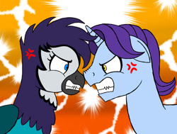 Size: 1280x966 | Tagged: safe, artist:gregory-the-griffon, november rain, oc, oc:geena, griffon, pony, unicorn, g4, angry, cross-popping veins, friendship student, griffon oc, gritted teeth, looking at each other, looking at someone, male, no eyelashes, nose to nose, nose wrinkle, stallion, teeth