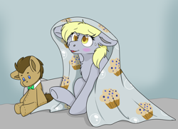 Size: 4040x2928 | Tagged: safe, artist:rokosmith26, derpy hooves, doctor whooves, time turner, pegasus, pony, blanket, blushing, bow, bubble, cheek fluff, chest fluff, cute, derpabetes, female, floppy ears, food, looking up, mare, muffin, plushie, pony plushie, sitting, smiling, solo, sweat, sweatdrop, ych example, your character here