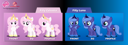 Size: 3800x1350 | Tagged: safe, artist:jordo76, princess celestia, princess luna, alicorn, pony, g4, cewestia, clothes, crown, female, filly, filly celestia, filly luna, foal, front view, jewelry, my little pony logo, pink-mane celestia, profile, regalia, royal sisters, shoes, show accurate, siblings, side view, sisters, smiling, text, turnaround, woona, young celestia, young luna, younger